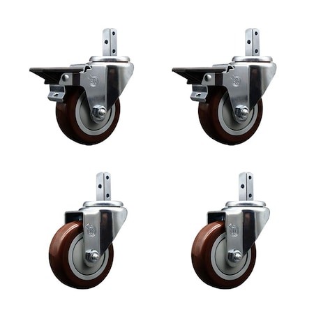 Service Caster 3.5'' Maroon Polyurethane Swivel 7/8'' Square Stem Caster Set 2 Brakes, 4PK SCC-SQ20S3514-PPUB-MRN-PLB-78-2-S-2